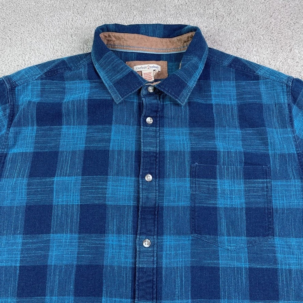 Carbon2Cobalt Shirt Mens XL Blue Buffalo Plaid Cotton Short Sleeve Button Up‎